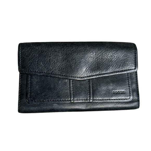 Fossil Black Leather Trifold  Wallet Checkbook Holder Snaps & Zips Ladies VTG - Picture 1 of 5